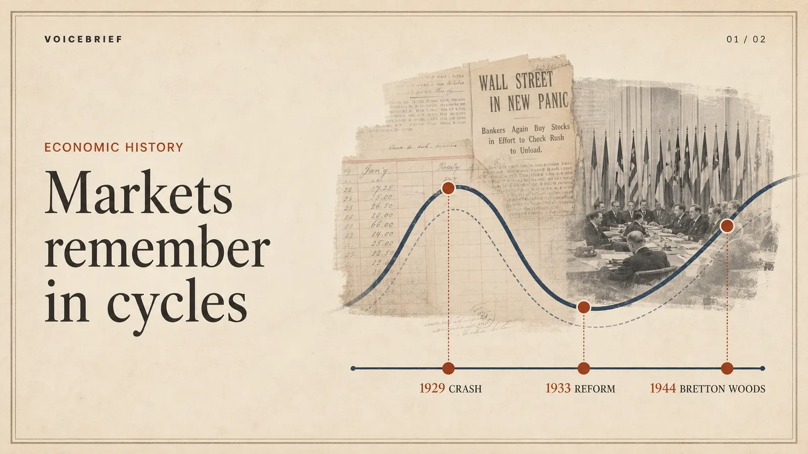 VoiceBrief economic history course frame using an archival market timeline